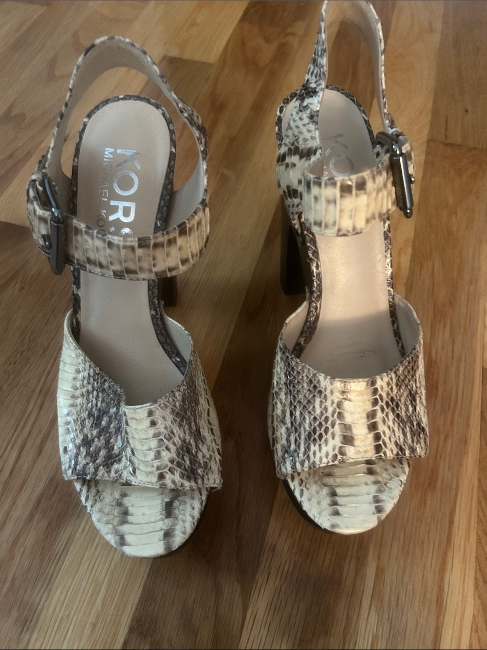 MICHAEL Michael Kors Snake-Print Slingback Platform Sandals in Beige